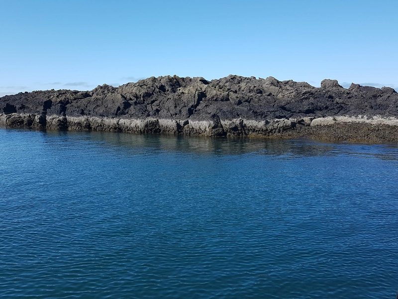 A rugged lava rock coastline meeting calm blue ocean water