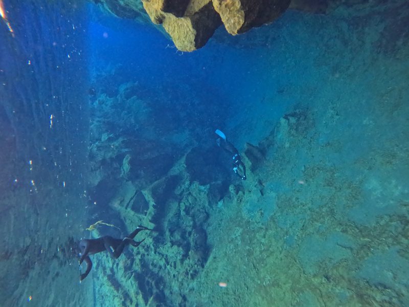 Freedivers swimming along the mossy rock wall in Silfra's glacial water